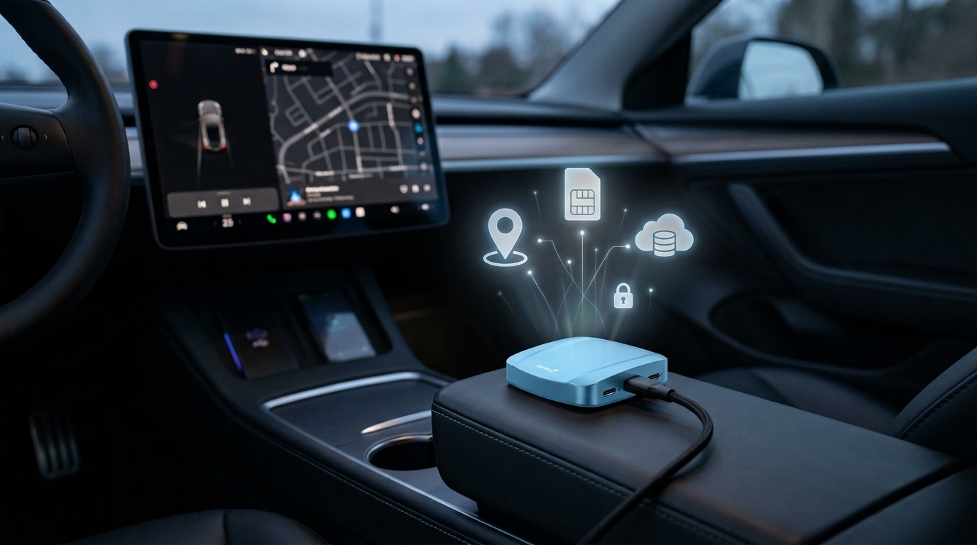 AI Box mit Kabel an der Mittelkonsole eines Autos, Touchscreen mit allgemeinem App-Raster