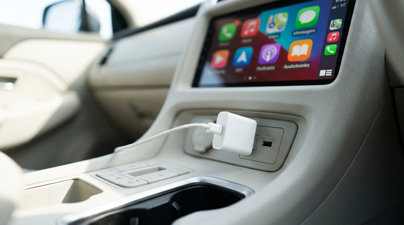 AI Box für das Auto mit Kabel an der Mittelkonsole, Touchscreen zeigt ein App-Raster