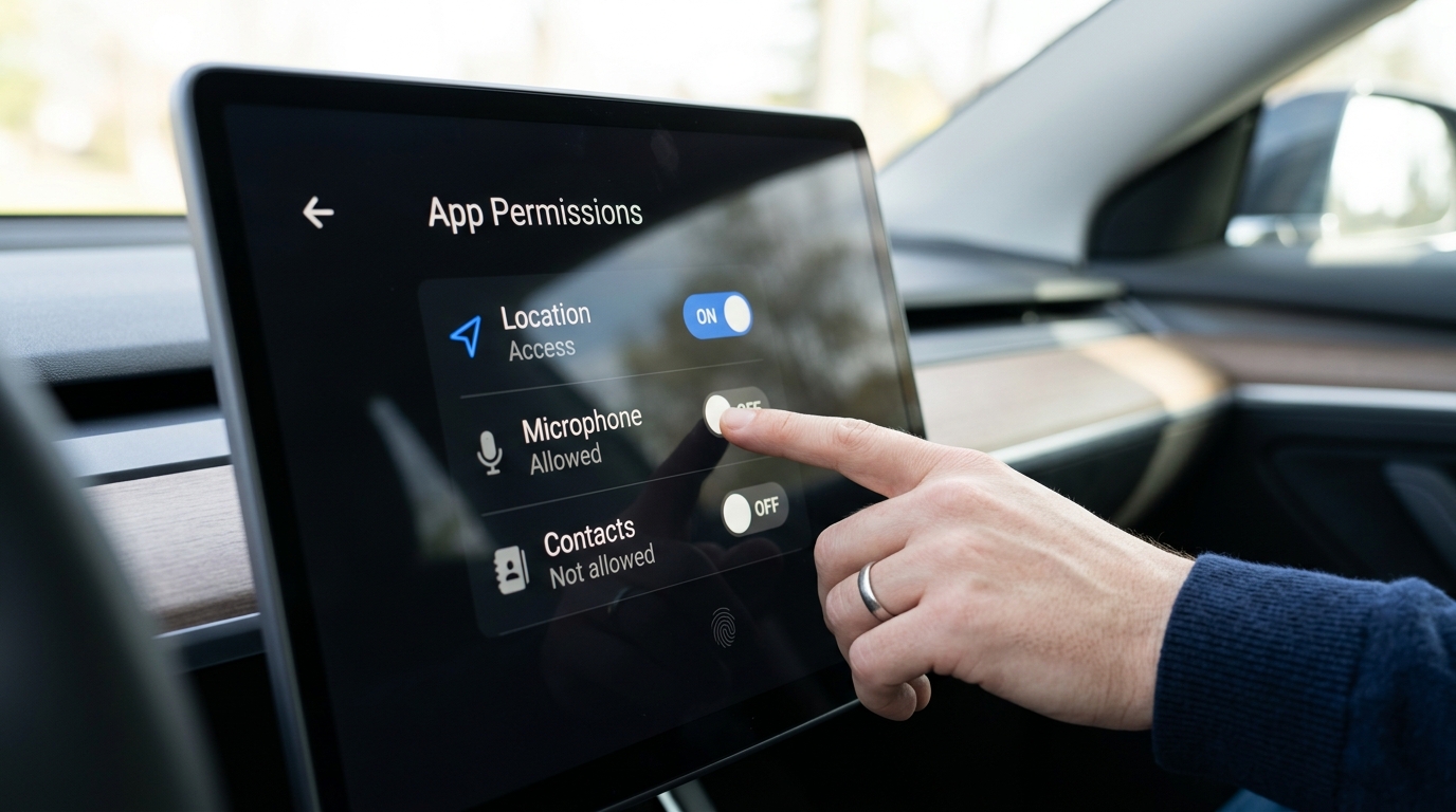 Android-Einstellungen mit App-Berechtigungen auf dem Touchscreen im Auto