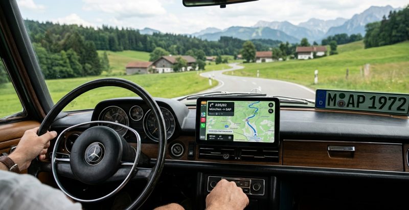 Freistehendes CarPlay-Display auf dem Armaturenbrett eines Autos mit Linkslenker