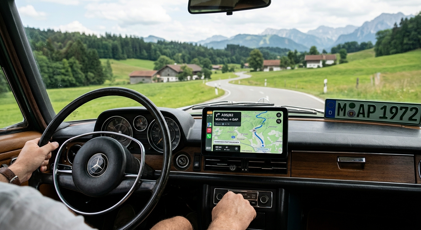 Freistehendes CarPlay-Display auf dem Armaturenbrett eines Autos mit Linkslenker