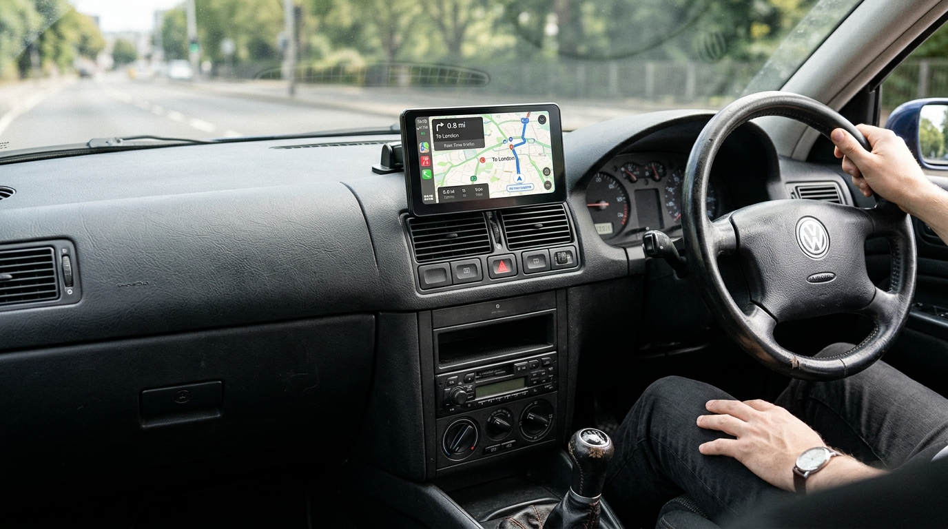 Autoradio mit CarPlay nachrüsten: Aufsetz-Display auf dem Armaturenbrett eines hellen Innenraums