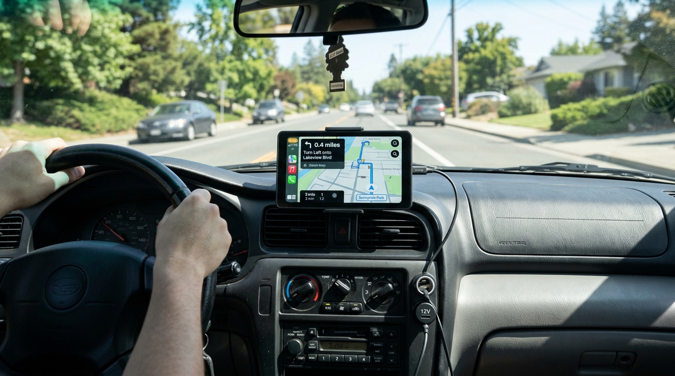 Tragbares CarPlay Display auf dem Armaturenbrett eines Autos ohne Werksbildschirm