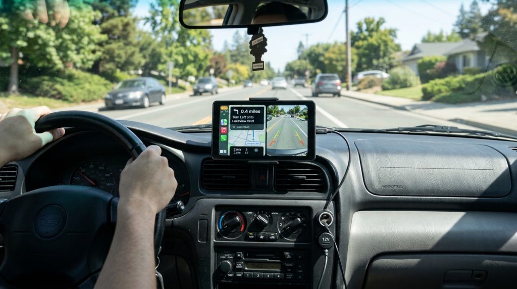 Tragbares CarPlay Display mit Rückfahrkamera auf dem Armaturenbrett eines Autos