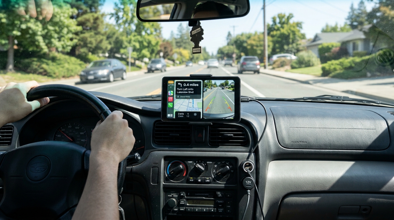Tragbares CarPlay Display mit Rückfahrkamera auf dem Armaturenbrett eines Autos