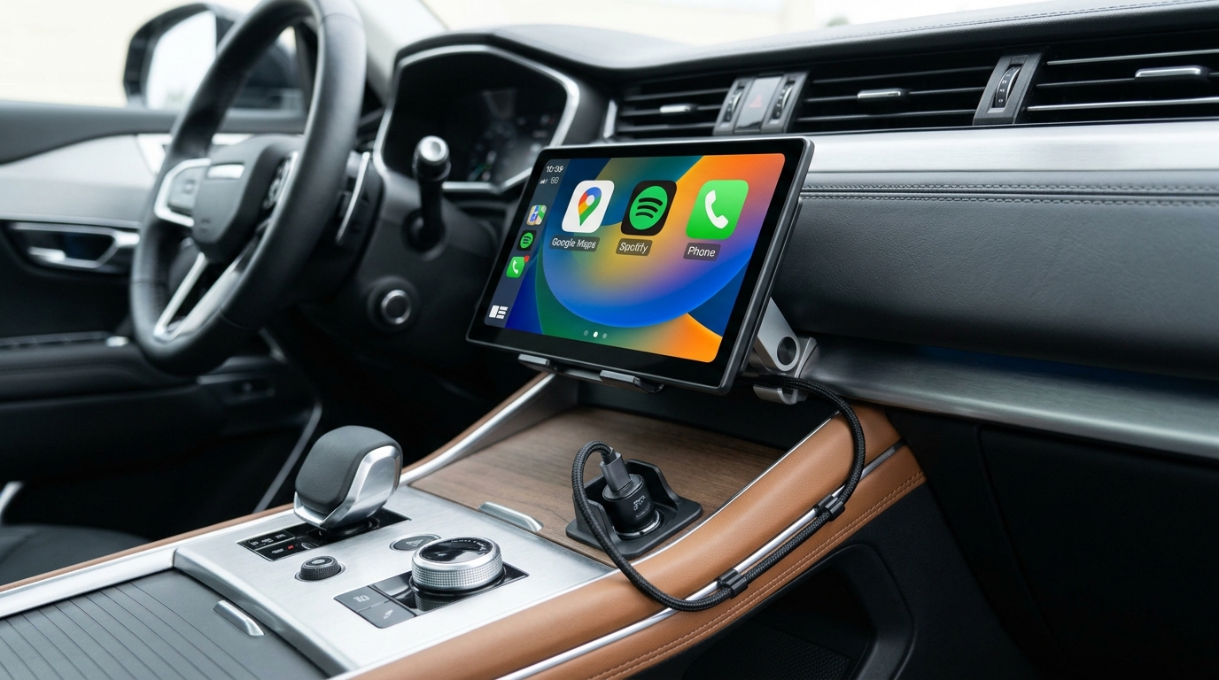Montagearm und Stromkabel einer CarPlay-Konsole unten mittig am Armaturenbrett