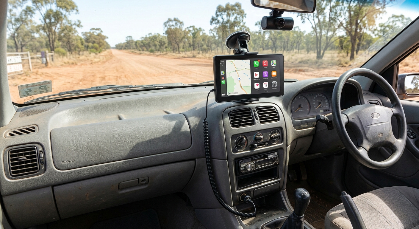 Verlegtes Stromkabel einer CarPlay-Konsole entlang der Armaturenbrett-Verkleidung