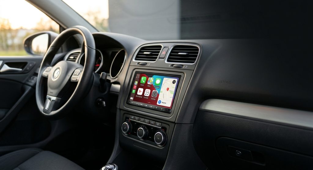 Doppel-DIN Radio mit Apple CarPlay bündig im Armaturenbrett eines modernen Autos