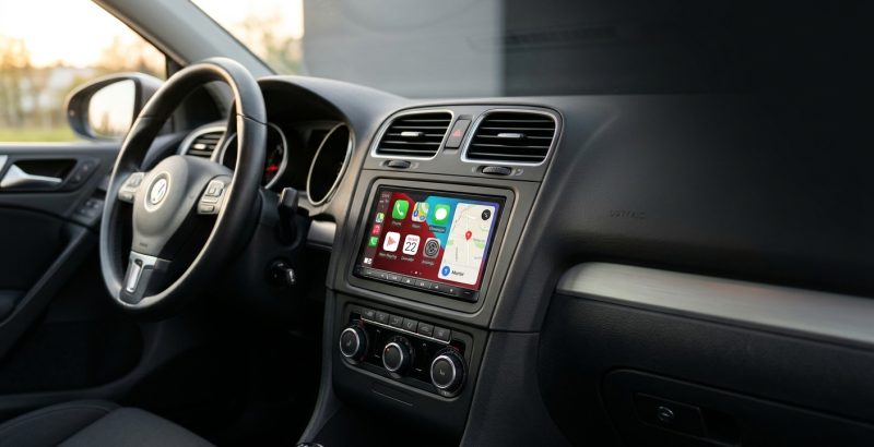 Doppel-DIN Radio mit Apple CarPlay bündig im Armaturenbrett eines modernen Autos