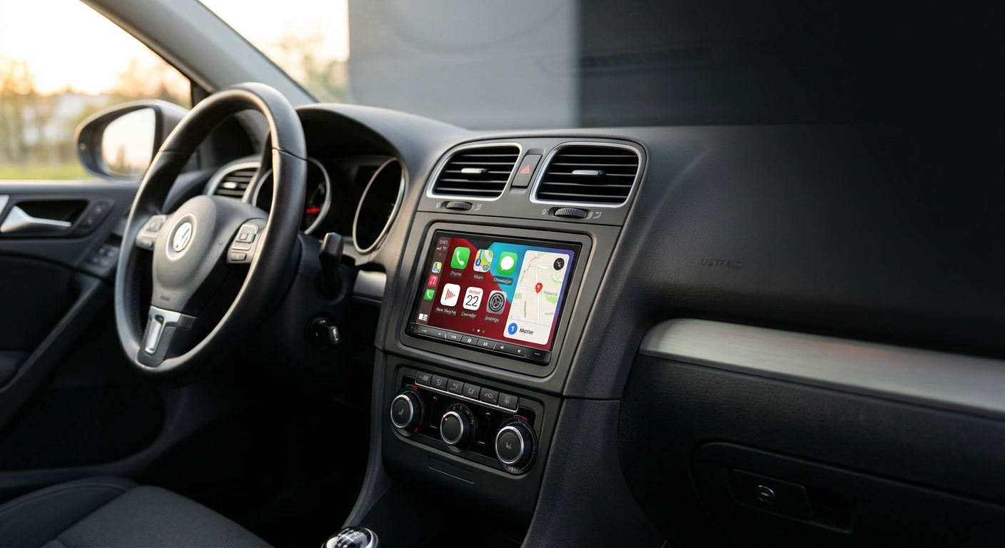 Doppel-DIN Radio mit Apple CarPlay bündig im Armaturenbrett eines modernen Autos