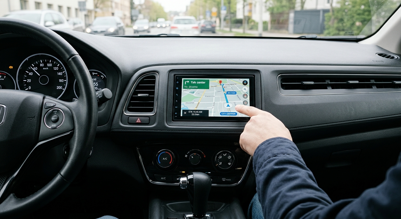 Doppel-DIN Radio mit Apple CarPlay bündig im Armaturenbrett eines Autos mit Linkslenker