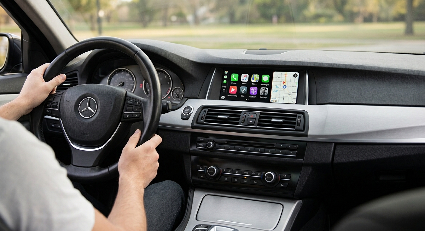 Rückfahrkamera am Heck eines Autos mit Videokabel für den Kameraeingang des Doppel-DIN Radios