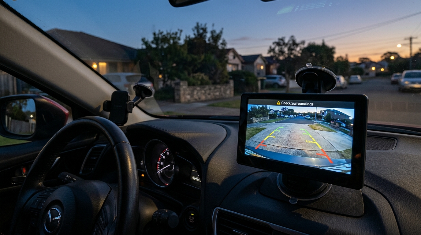 Rückfahrkamera mittig am Heck eines Autos in der Nähe der Kennzeichenleuchte montiert